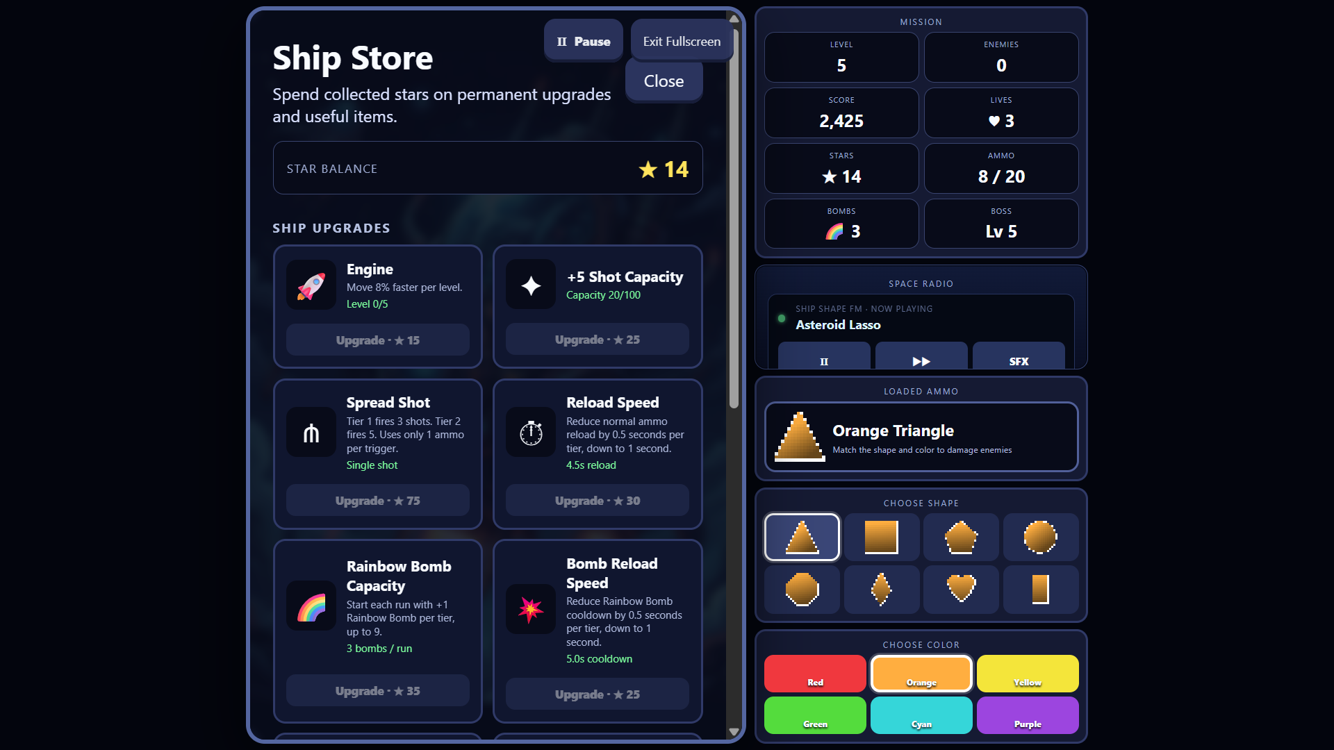 Ship Shape store with upgrade cards and star balance